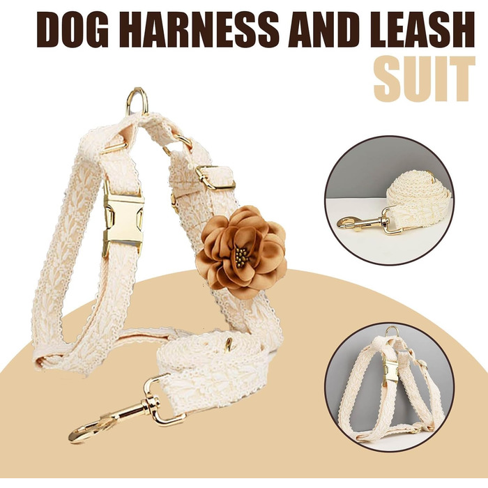 Набір для прогулянок з собакою: шлейка та поводок, розмір S, білий, бежевий. Регульована шлейка без тяги з бантиком та ручкою для зручності. Ідеально для дівчаток.