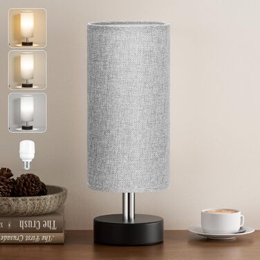 Настільна лампа Kakanuo з 3 режимами кольору, біла, з вимикачем, абажур з льону, для вітальні, спальні, офісу, дитячої кімнати (LED лампа в комплекті), колір: білий+чорний (сірий+чорний)