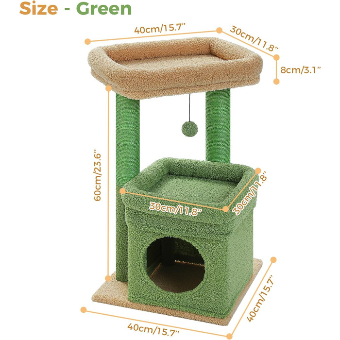 PAWZ Road Cat Tree, Multi-Tier Cat Tower with Sisal-Covered Scratching Post, Cozy Cat Condo, and Large Cat Perch for House Cats (Green)