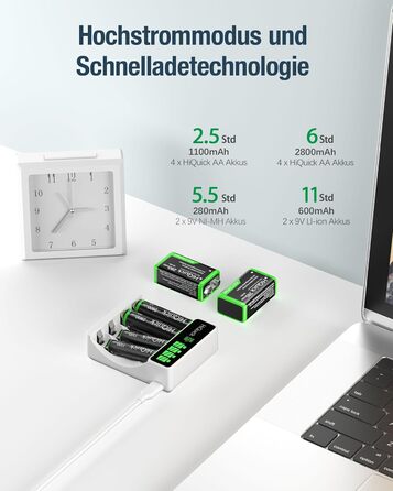 Швидкий зарядний пристрій HiQuick з LCD-дисплеєм для акумуляторів NI-MH NI-CD AA/AAA, 4 слоти, універсальний, для перезаряджуваних акумуляторів Mignon AA та Micro AAA