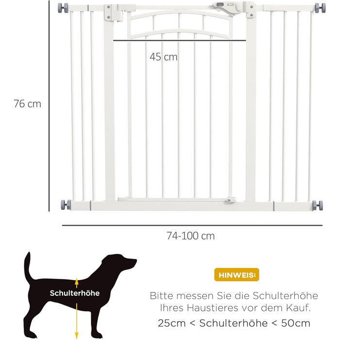 Захист для сходів PawHut - ґратка для собак з автоматичним закриттям, 74-100 см, для собак середніх та малих порід, білий