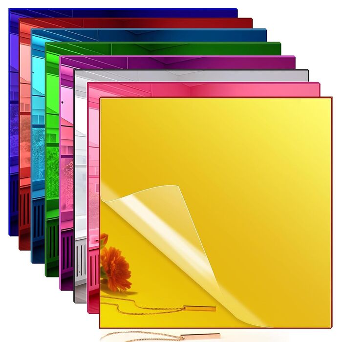 Акрилові дзеркала та пластини, 3 мм, кольорові, 20x20 см, 8 шт. для рукоділля, декору та DIY проєктів