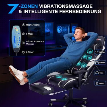 Ігровий крісло Douxlife з 7-точковим масажем, підніжкою, ергономічний офісний крісло, регулювання спинки 90-175°, регульовані 2D підлокітники, крісло для ПК Gamer, максимальне навантаження 150-180 кг, (Чорний/Білий)