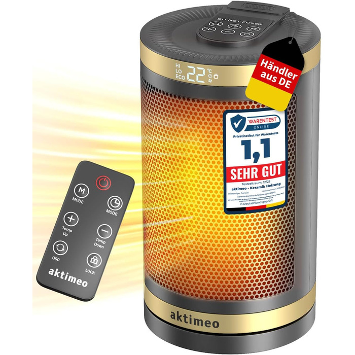 Електричний обігрівач NEU 1500W з керамічним нагрівачем, термостатом, захистом від перегріву, нахилу та для дітей, таймером 12 год, з пультом керування, золотий, Classic