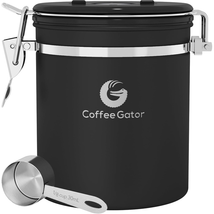 Контейнер для кави Coffee Gator з нержавіючої сталі, герметичний, з датчиком дати, CO2-вентилем, ложкою, для кавових зерен, кавової гущі, горіхів, чаю, цукру (Чорний, M)