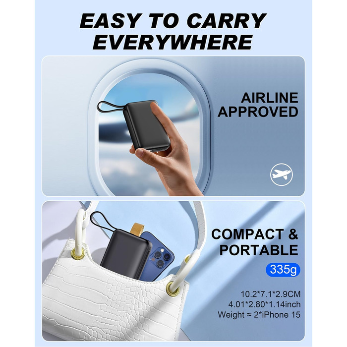 Power Bank 26800mAh: Портативний акумулятор з двома портами та кабелями, сумісний з iPhone та Android