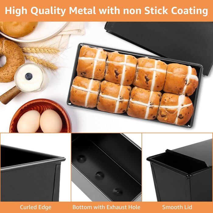 WOPPLXY 2 Pack Toast Bread Baking Pan with Lid, 450g Bread Baking Pan with Lid, Black Loaf Pan with Lid, Non-Stick for Toast Bread, Bread, and Pastries
