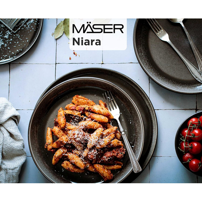 MÄSER 934021, Niara Series, Modern Plate Set for 6 People in Exciting Vintage Look, 12-Piece Ceramic Tableware Set in Grey and Black, Stoneware Plate Set 12-Piece Grey