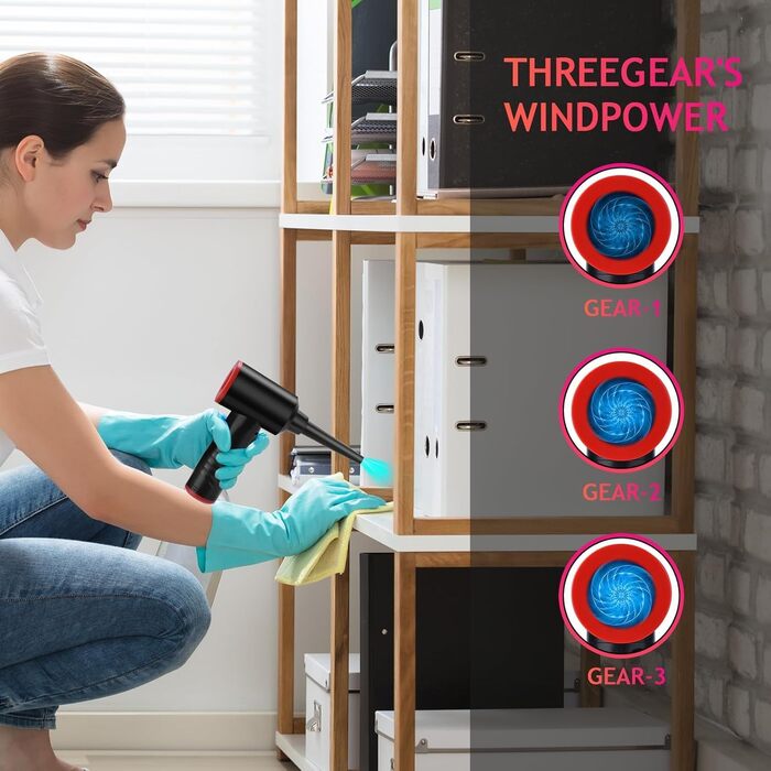 Електричний пилосос для повітряного продування BUDOCI, 3 швидкості, 100000 об/хв, 6000 mAh, з LED-підсвічуванням, для чищення ПК, клавіатури, диванів, офісної техніки, авто (чорно-червоний)