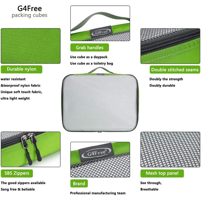 Органайзери для валізи G4Free, набір 6 шт (сітка) - зелений (S+2M+2L+XL) для подорожей