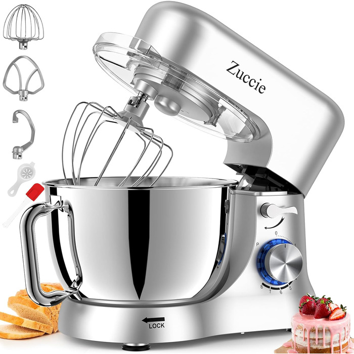 Stand Mixer, Zuccie Stand Mixer Quiet Stirring Mixer including 5L Stainless Steel Bowl, 3 Mixing Tools, Splash Guard, Dough Scraper, and Egg Separator, 8+P Speed Dough Mixer Silver