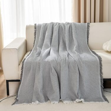 LHGOGO Waffle Throw Blanket 180x300cm Large 3-Seater Sofa Throw Versatile Living Room Blanket as Sofa Throw, Couch Cover, Sofa Cover, and Bedspread with Decorative Tassels - Light Grey