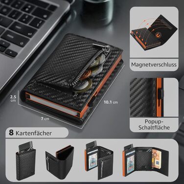 Чоловічий гаманець з RFID-захистом – портмоне з карбонової шкіри, 8 відділень для карток, віконце для ID, монетниця, кишеня для грошей, з подарунковою коробкою, чорно-помаранчевий
