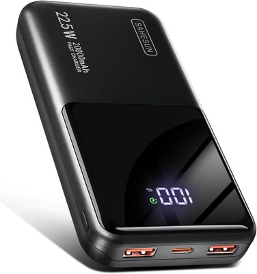 Портативний зарядний акумулятор Power Bank 20000mAh з швидкою зарядкою 22.5W, LCD дисплеєм, 1 USB-C, 2 USB-A, для iPhone 17/16/15/14/13 та смартфонів, чорний