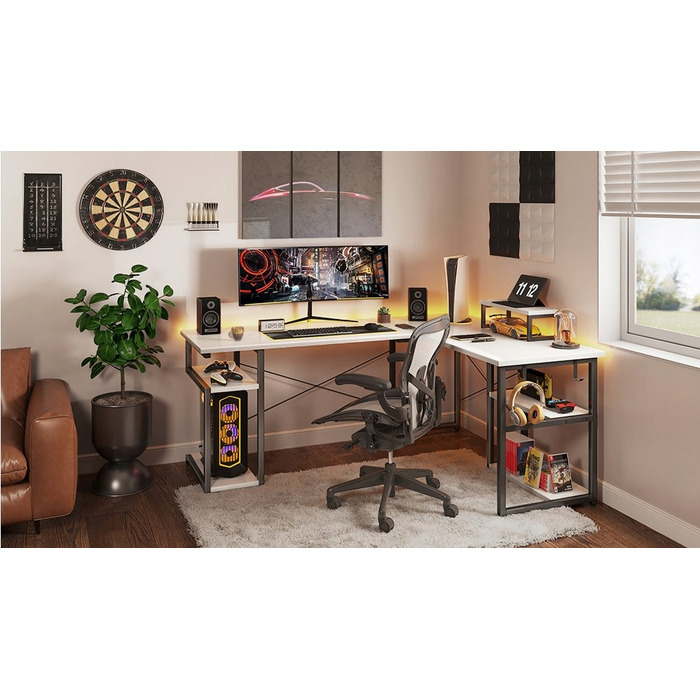 Кутовий ігровий комп'ютерний стіл 168x120 см, білий, з подовжувачем