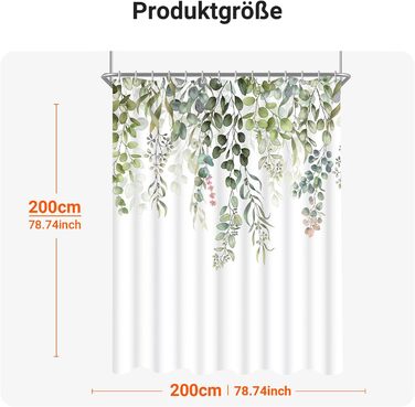 Штора для душу 200x200 см, зелені листки, антигрибкова, текстильна, водовідштовхувальна, поліестер, з кільцями (1 шт)