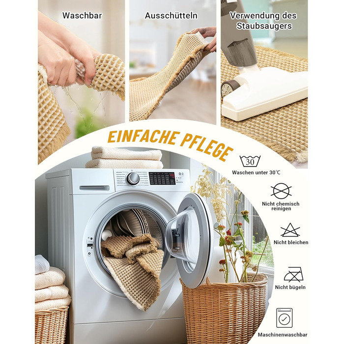 Boho Bathroom Rug Set - Non-Slip Bath Mats (2-Piece) - Washable Shower Rugs for Bathroom, Bedroom, Living Room - 51x120cm + 41x61cm (Brown & White)