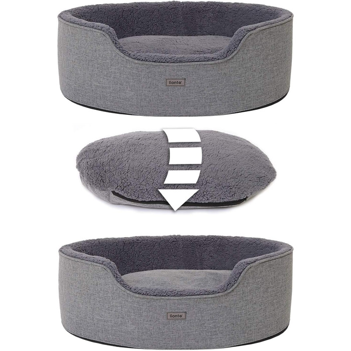 Lionto Dog Bed with Reversible Cushion and Washable Cover, Stable Dog Basket with Anti-Slip Studs, 92x72 cm, Cozy Pet Bed for Dogs and Cats with Plush, Grey
