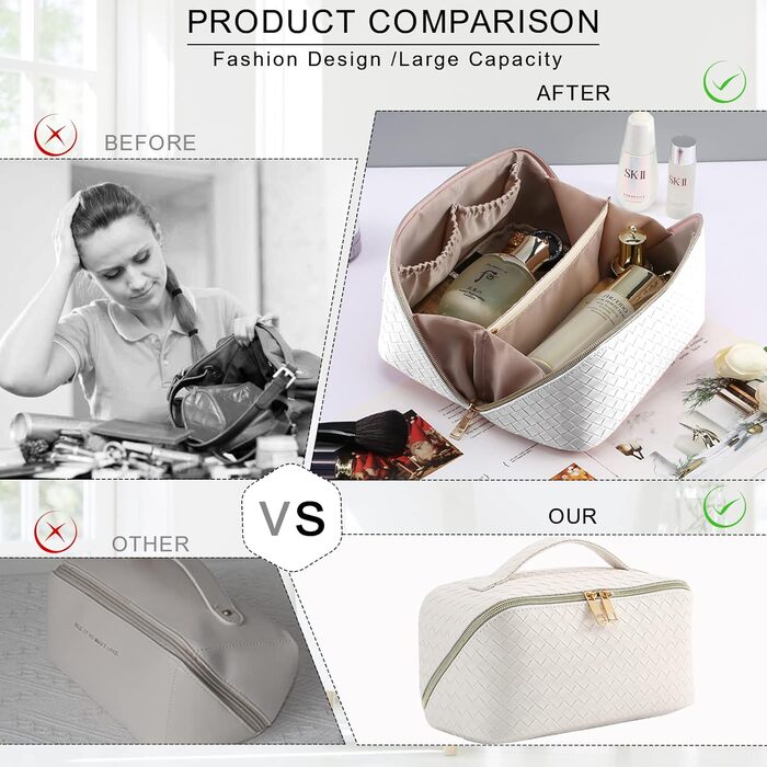 Косметичка для подорожей жіноча з великим відділенням, водонепроникна, з перегородками, органайзер (кремовий персиковий, чорний)
