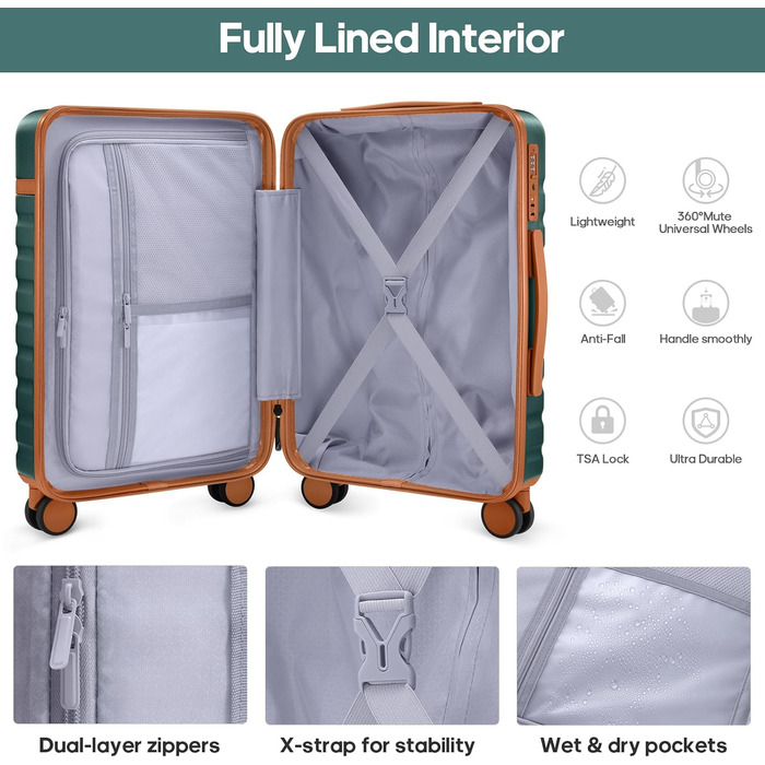 Набір валіз UKEIN 3 шт. з PC корпусом, міцний дорожній набір, ручна поклажа з TSA замком, 4 спіннер колеса, рюкзак та косметичка (3 шт.) (Темно-зелений)