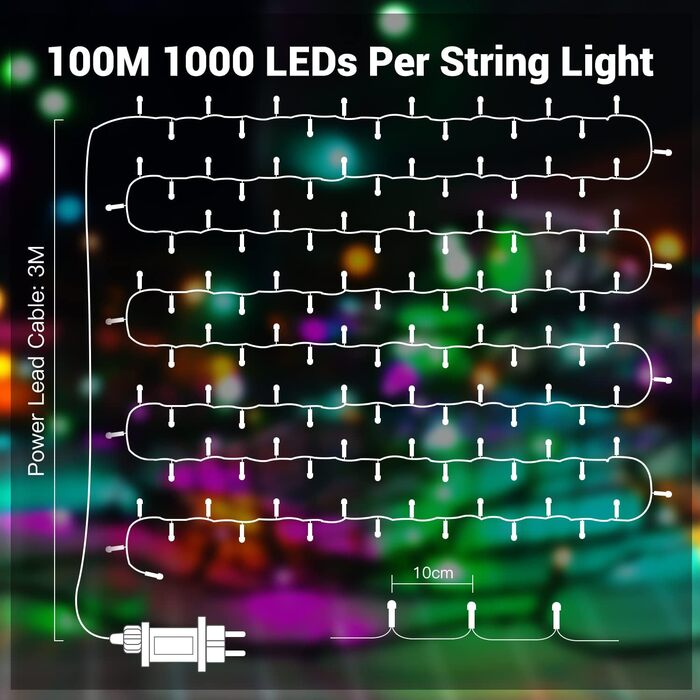 Кольорова гірлянда для декорування на 100 метрів, 1000 LED, вологостійка IP44, 8 режимів, для дому, саду, вечірки, ялинки, балкону, тераси