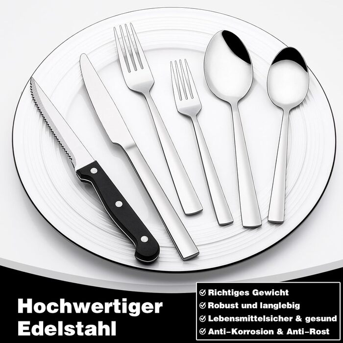 Набір столових приборів Terlulu на 12 осіб (72 шт.) з нержавіючої сталі, з ножами для стейка. Столовий набір з виделкою, ложкою та ножем. Елегантний столовий прилад для дому, ресторану, вечірки. Можна мити в посудомийній машині, квадратні краї.