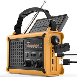 Радіо ROCAM 12000mAh з сонячною панеллю та ручним генератором, жовте - для кемпінгу, надзвичайних ситуацій, USB зарядка, ліхтарик, AM/FM