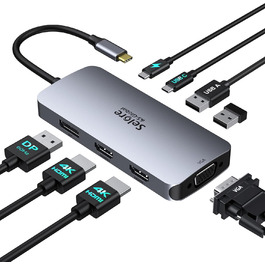 Док-станція для 2 моніторів, USB-C хаб 8 в 1: адаптер DisplayPort, HDMI, VGA, USB 2.0, PD 100W, для ноутбуків Dell, Thinkpad, Huawei (сірий)