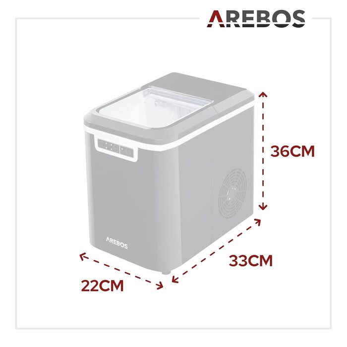 Машина для приготування льоду Arebos | 12 кг/24 год | Швидке виробництво (10-15 хв) | 2 розміри кубиків | 2.2 л резервуар | Самоочищення | Чорний колір