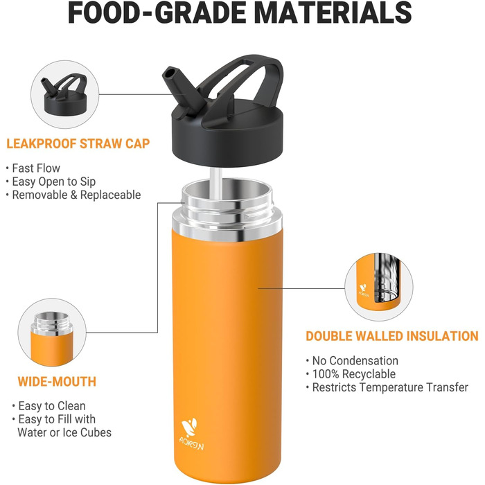 AORIN Stainless Steel Water Bottle, 500ml/750ml/1L Leak-Proof Water Bottle with Straw, BPA-Free Drinking Bottle for Kids, Vacuum Insulated Thermos for Sports, School, Fitness, Outdoor (1000 ml, Mango)