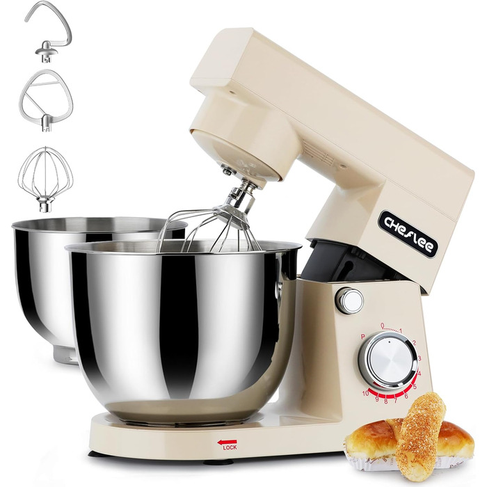 Кухонний комбайн Cheflee 1500W з місткими чашами 4.5 та 5.5L з нержавіючої сталі, 10+ швидкостей, з гаками для тіста, вінчиком та насадками для збивання, з кришкою-розбризкувачем