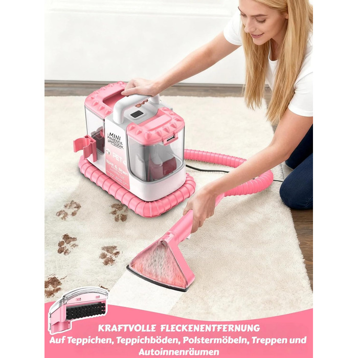 Портативний мийник для м'яких меблів 600W, 16Kpa, з розчином 500мл та 5 насадками. Для диванів, килимів, авто та сходин. Легкий та компактний, рожевий колір