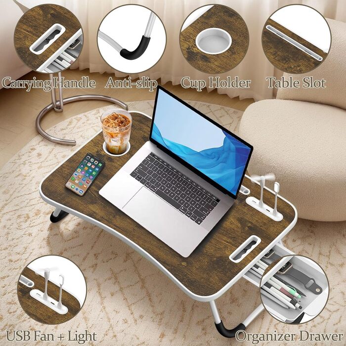 Стіл-підставка для ноутбука Huracan: регульований, з підсвіткою, USB, з відділенням для чашки та ящиком (60x40 см, Vintage Brown)