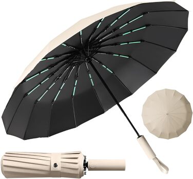 Стійкий до вітру парасолька-тростина, автоматичний, великий, 16 ребер, тефлонове покриття, захист від УФ, бежевий
