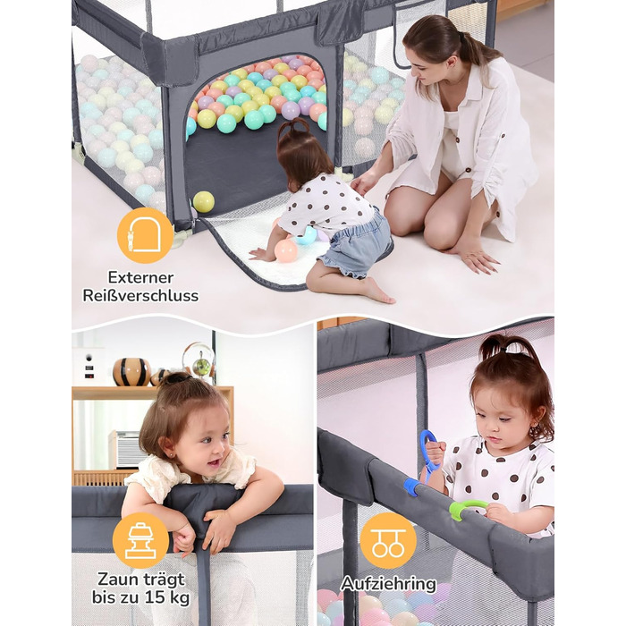 Манеж для дітей Dripex 120x180 см, сірий, з дихаючою сіткою, 300D Оксфорд, безпечний ігровий майданчик