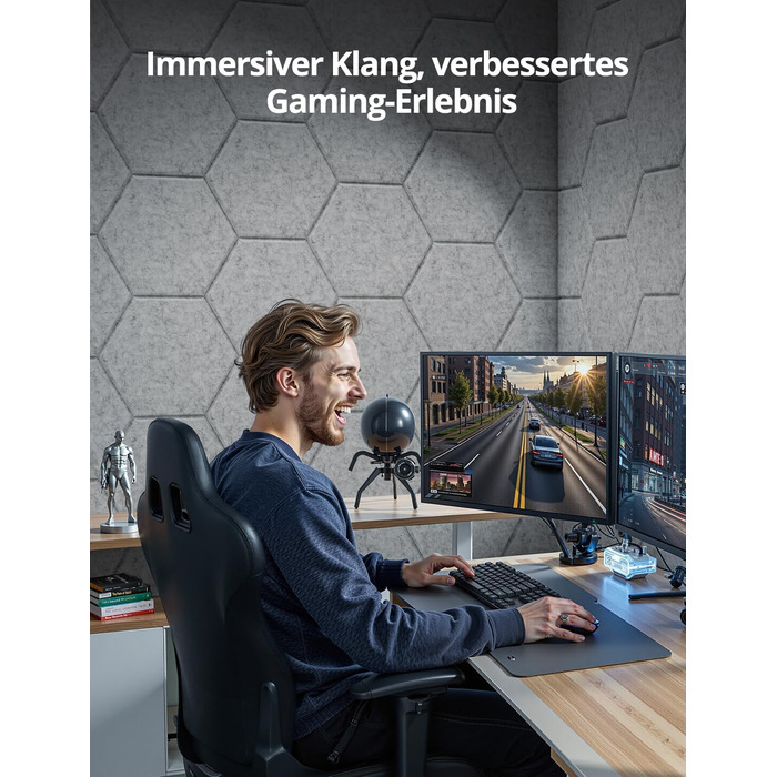 Акустичні гексагональні панелі самоклеючі, 12 шт, звукопоглинаючі шестикутні плити для студії, вітальні, геймерської зони та офісу, сірі (30 x 26 x 0,9 см)