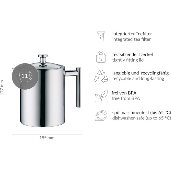 alfi TEA POT 1.40l, Stainless steel insulated pot with tea strainer and tea catcher, single-walled stainless steel, durable thermos pot, ideal as a teapot for loose tea, dishwasher-safe, BPA-free