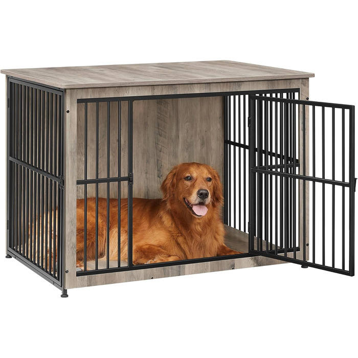 Клітка для собак Feandrea XL, меблева, з журнальним столиком, для собак до 37 кг, міцна, закритий дно, 2 двері, сірий меланж (110 x 76 x 82 см)