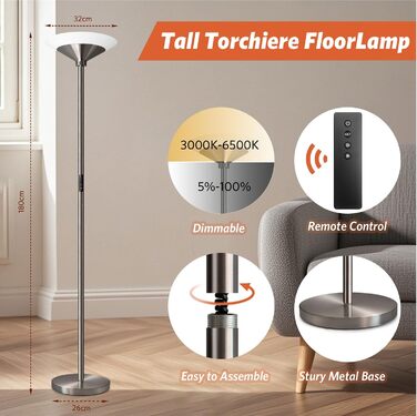LED торшер BBHome для вітальні з регулюванням яскравості, 27W, з лампою для читання 6W, дистанційним керуванням та сенсором, 3000K-6500K, срібний