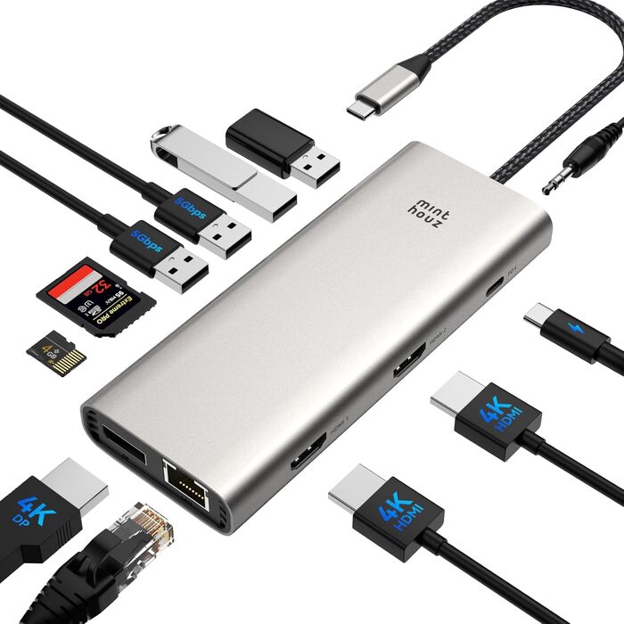 Док-станція Minthouz USB-C для HP, Lenovo, Dell: 12-в-1, 4xUSB, 8K@30Hz/4K@144Hz, 100W PD, Thunderbolt 3/4, 2.5G LAN, SD/TF, 3.5mm, для ноутбуків (Dual HDMI+DP)