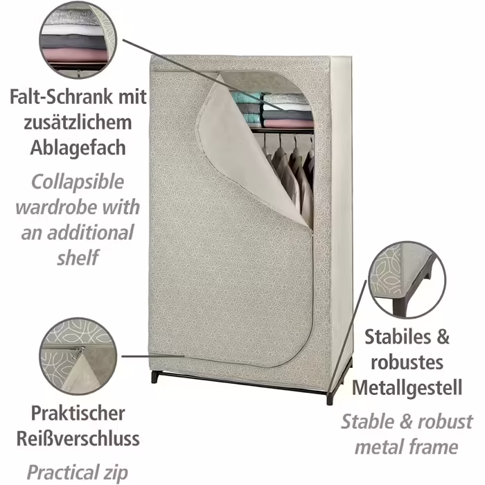 WENKO Wardrobe Model Balance with Shelf and Clothes Rail, Fabric Wardrobe for Dust-Free Storage of Textiles, Metal Frame, Breathable Non-Woven Material, 90x160x50 cm, Taupe