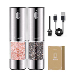 Електричні перечниці та солінки 2 в 1 з нержавіючої сталі, акумуляторні, з LED-підсвічуванням та регульованим керамічним жорном, з щіткою для чищення