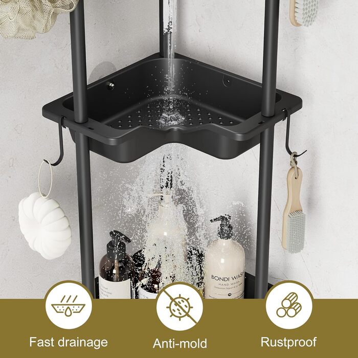 Orimade 4-Piece Shower Caddy Standing Stainless Steel, Corner Shower Shelf Freestanding with 4 Hooks, Plastic-Metal Combination Shower Baskets Floor Standing for Bathroom, 10 x 10 x 44.6 inches Black