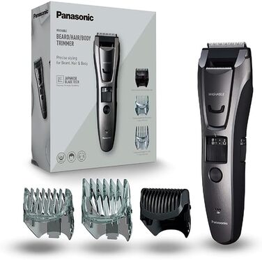Триммер Panasonic ER-GB80-H503 для чоловіків: борода, волосся, тіло, акумуляторний, водонепроникний, 39 налаштувань, 3 насадки, сріблястий