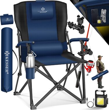 Крісло для кемпінгу KESSER® з високою спинкою, 160 кг, з підлокітниками, тримачем для напоїв та світлом, Navy Blue/Black