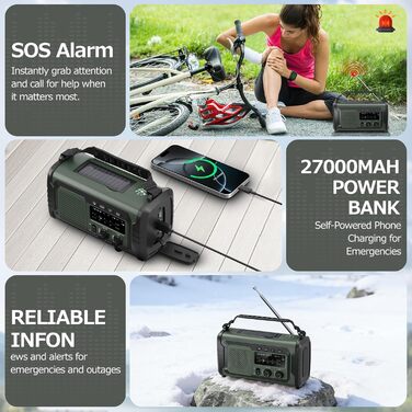 Радіо на сонячній батареї та ручному приводі 27000mAh з Bluetooth, FM/AM, SOS сигналом, динаміком та підключенням для навушників (Зелений)