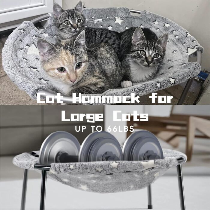 Cat Hammock Bed with Glowing Stars – Freestanding, Soft Cat Bed for Large Cats/Small Dogs, Breathable & Washable, Pet Bed for Indoor/Outdoor Use, Grey (L)