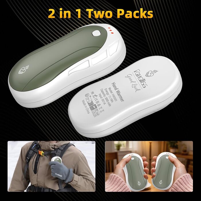 Електричні грілки для рук 2 шт. FANDLISS, портативні, акумуляторні, 6000mAh, до 12 годин роботи, USB, для кемпінгу, полювання, гольфу, білий/зелений