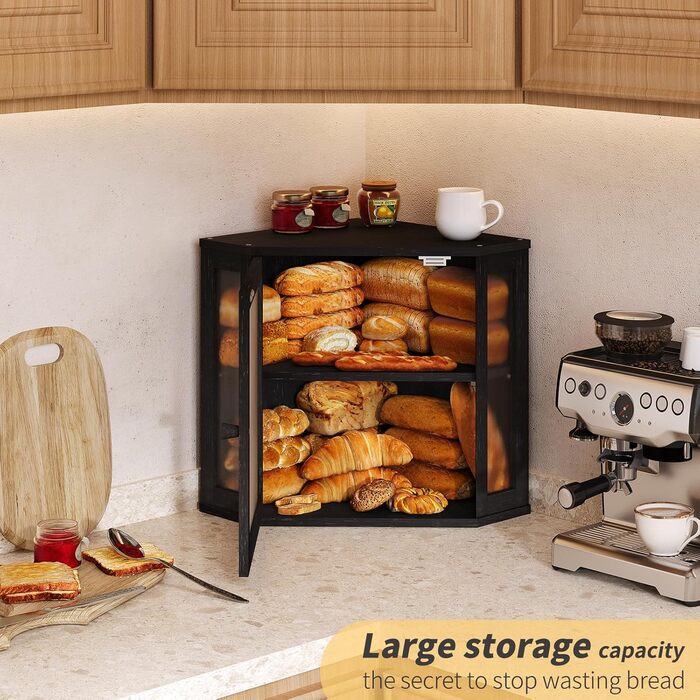 Бамбукова коробка для хліба на кухонну стільницю, контейнер для домашнього хліба, двоярусний, великий бамбуковий кухонний контейнер з вікном (Білий, середній) (Чорний, середній)