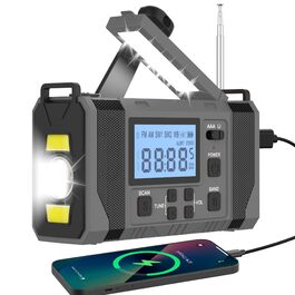 Сонячне радіо з ручним заводом 10000mAh Notfall: AM/FM, ліхтарик, SOS-сигнал, Power Bank, зарядка від сонця/USB/ручки, для кемпінгу, походу, надзвичайних ситуацій, сірий